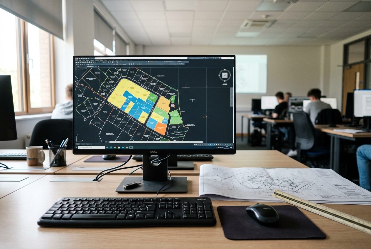 Máy tính trong phòng thực hành hiển thị bản vẽ địa chính trên phần mềm CAD